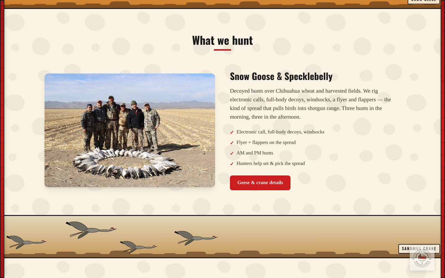 Rancho El Granero — illustrated cream-and-red outfitter site